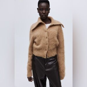 H&M PREMIUM MOHAIR-BLEND CARDIGAN DARK BEIGE SWEATER Sz MEDIUM NWT